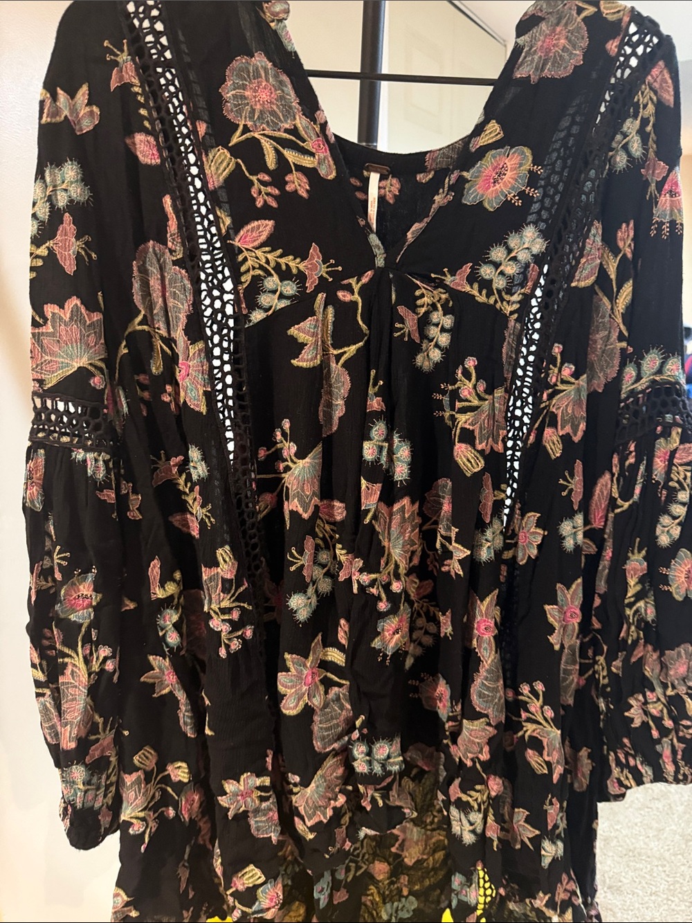 Free People Black Floral Embroidered Tunic with Crochet Trim